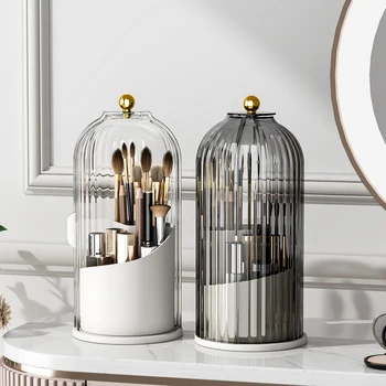 YOOLENS Makeup Brush Holder Organizer with Lid,360 Rotating Clear Dustproof Makeup Brushes Organizer for Vanity Desktop Bathroom 1