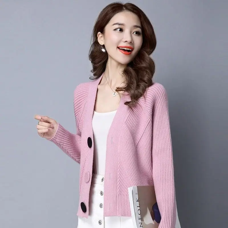 Women's V-neck Loose Sweater 2025 Spring Autumn Korean Coat Shawl Bat Shirt Short Knit Sweater Cardigan Knit Top Female 41