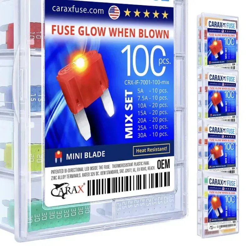 RPD4-CARAX Glow Fuse–Premium Fuse Mini Blade.Glow When Blown LED Automotive Fuse–Smart Glow Fuse Easy Identification–Mix 100 pcs