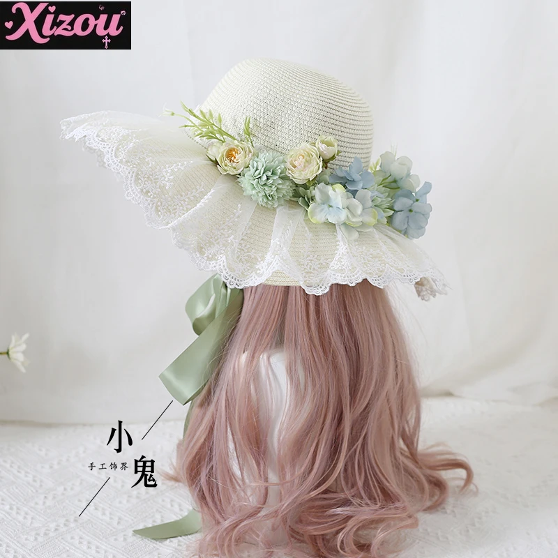 Original Handmade Lolita Sunscreen Hat Travel Photo Flower Bow Lace Wide Brim Sun Hat Straw Hats for Women