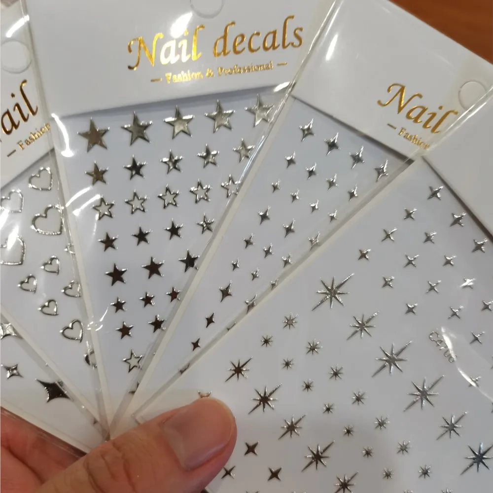 Metallic Silver Mirror Effect Nail Stickers 3D Starlight Four-Pointed Star Nail Decals Self-Adhesive Manicure Art Slider Sticker