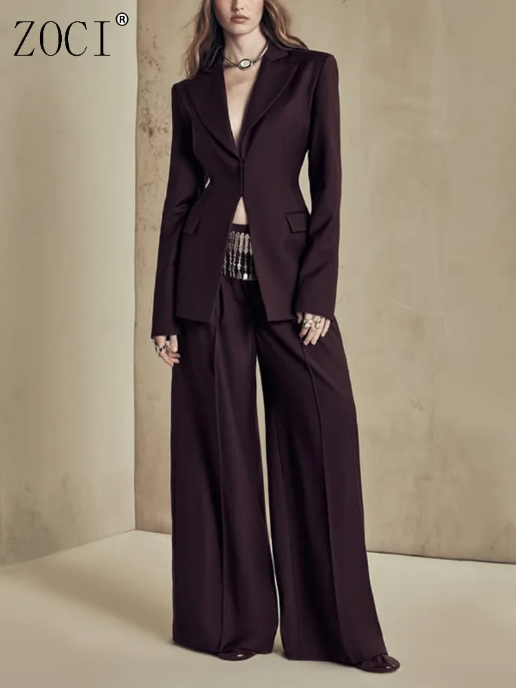 

ZOCI Angora Red Women's Suit Sets Blazers Office Lady Female Suit Jackets High Waist Wide Leg Suit Pants 2025 Spring New