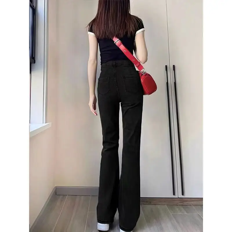 Mulheres coreano flare jeans meninas cintura alta elástica boot corte calças senhora vintage azul preto cinza marrom denim sino inferior calças