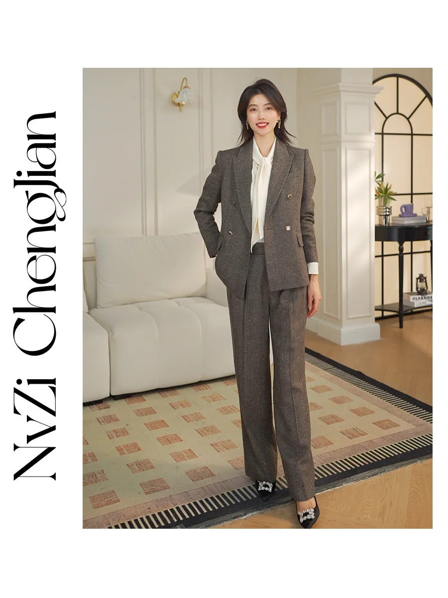 

Женский шерстяной смокинг в клетку, брючный костюм с блестками и высокой талией, длинный свек на пуговицах, модный комплект для офиса, осень