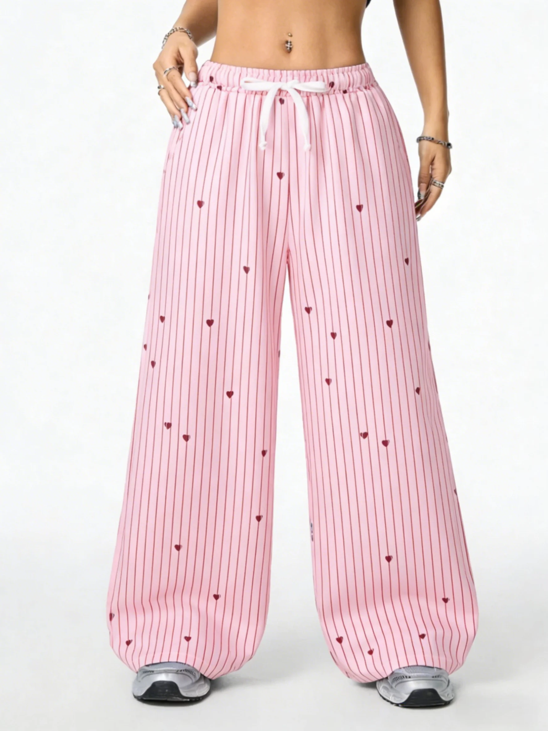 

Женские широкие брюки с розовыми полосками и принтом в виде сердечек, на шнурке, с эластичной талией, повседневные, полной длины, весенне-летние, модные, милые брюки