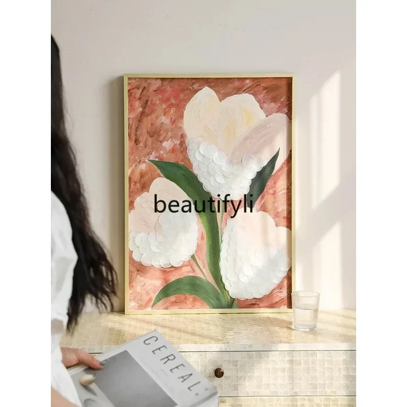 Modern simple shell decorative painting hand-painted flower oil painting living room bedroom entrance hanging painting  N