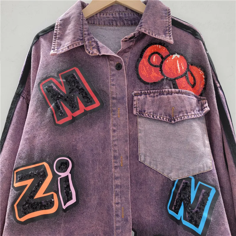 Women's Trendy Brand High-end Long-sleeves Single-breasted Blouse Coat 2025 Autumn New Y2k Denim Shirt Purple Lapel Top Jacket