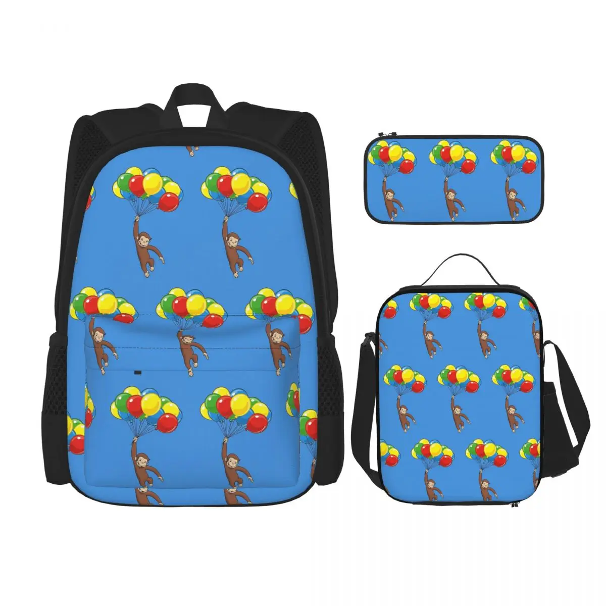 

Curious George With Balloons Backpacks Children Bookbag School Bags Rucksack Lunch Bag Pen Bag Three-Piece Set