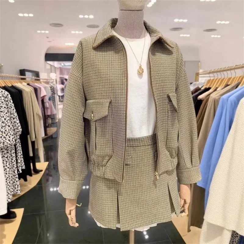 

Classic Houndstooth Women's Zipper Coat Long Sleeve Jacket Tops Or High Waist Pleated Patchwork Mini Skirt For Ladies