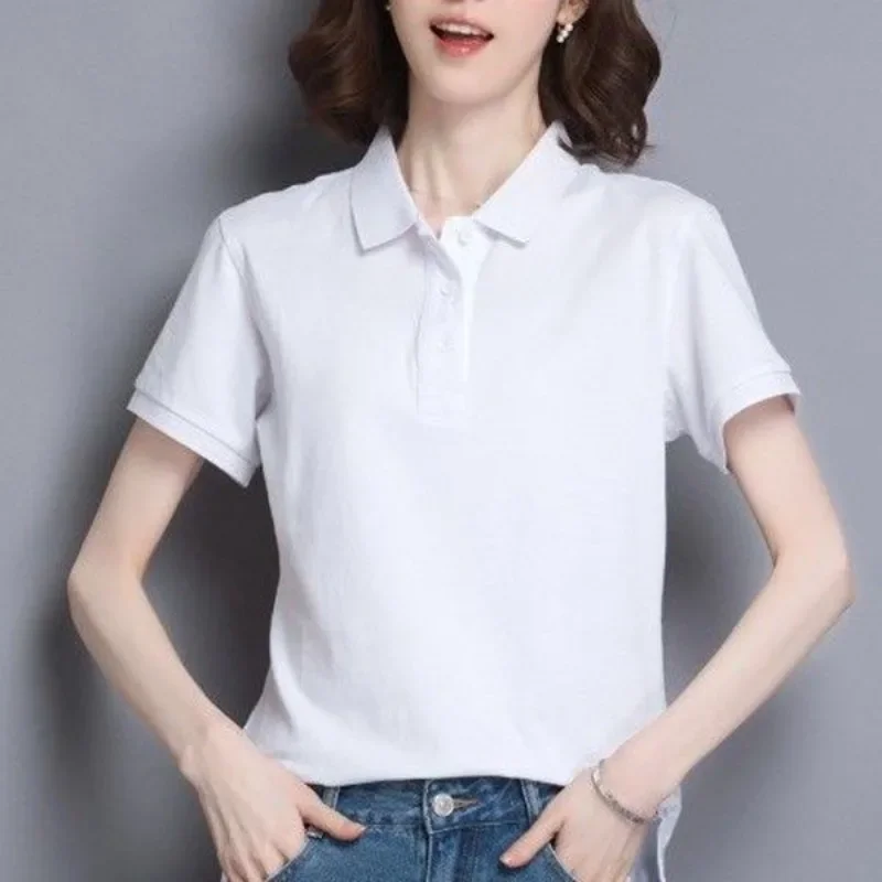 Woman T Shirt Slim White Button Polo Neck Women 100℅ Cotton Plain Clothing Trend 2024 in On Offer Fashion Youth Y2k Korean Style