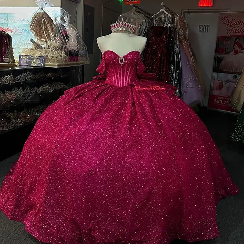 Fuchsia Crystal Beading Ball Gown Quinceanera Dresses Off The Shoulder Ruffles Customized Corset Vestidos De XV Anos