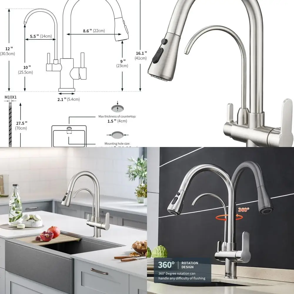 

Dual Handle Pull-Down Spray Kitchen Faucet with 3-in-1 Filtered Water Purifier, Brushed Nickel Finish