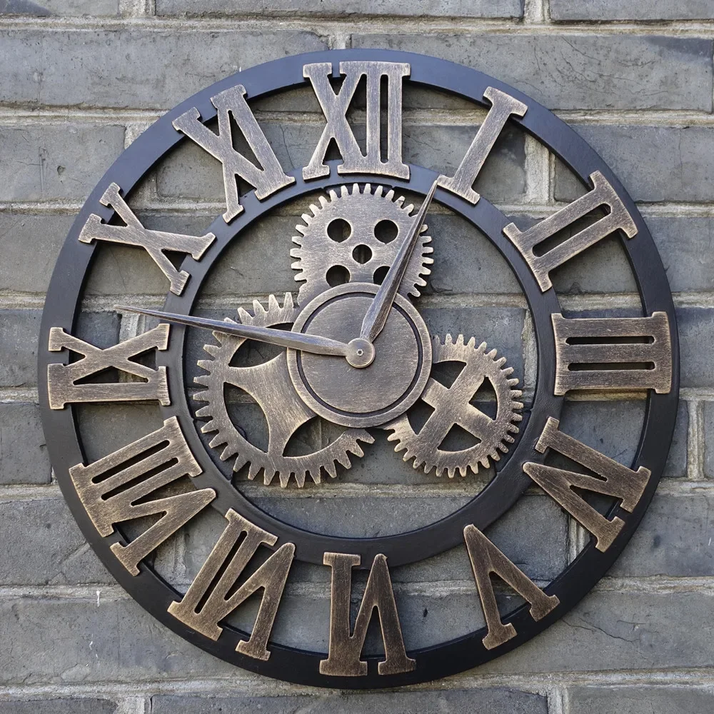 40cm/45cm Handmade 3D Retro Decorative Luxury Art Big Gear Wooden Vintage Large Wall Clock On The