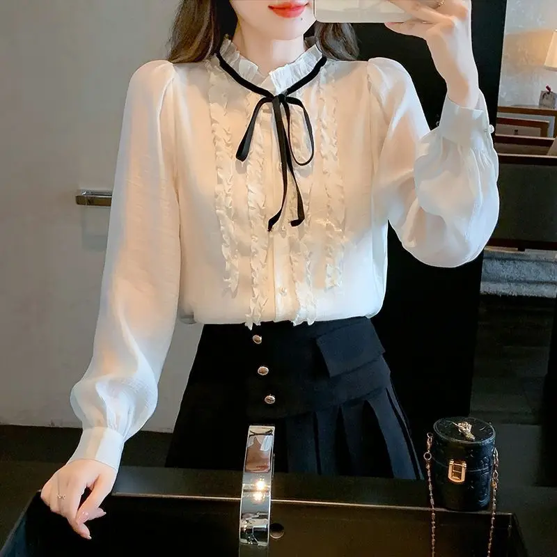 Women Ruffled Lace Up Sweet Chic Button Up Shirt Spring Autumn Fashion Elegant Blouse Casual Solid Long Sleeve Top Female Blusas