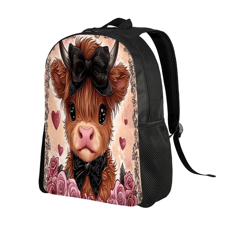 

Cute Highland Calf Backpack - Floral Rose Pattern, Pink Large Capacity Student Bag, Suitable for Teen Men and Women