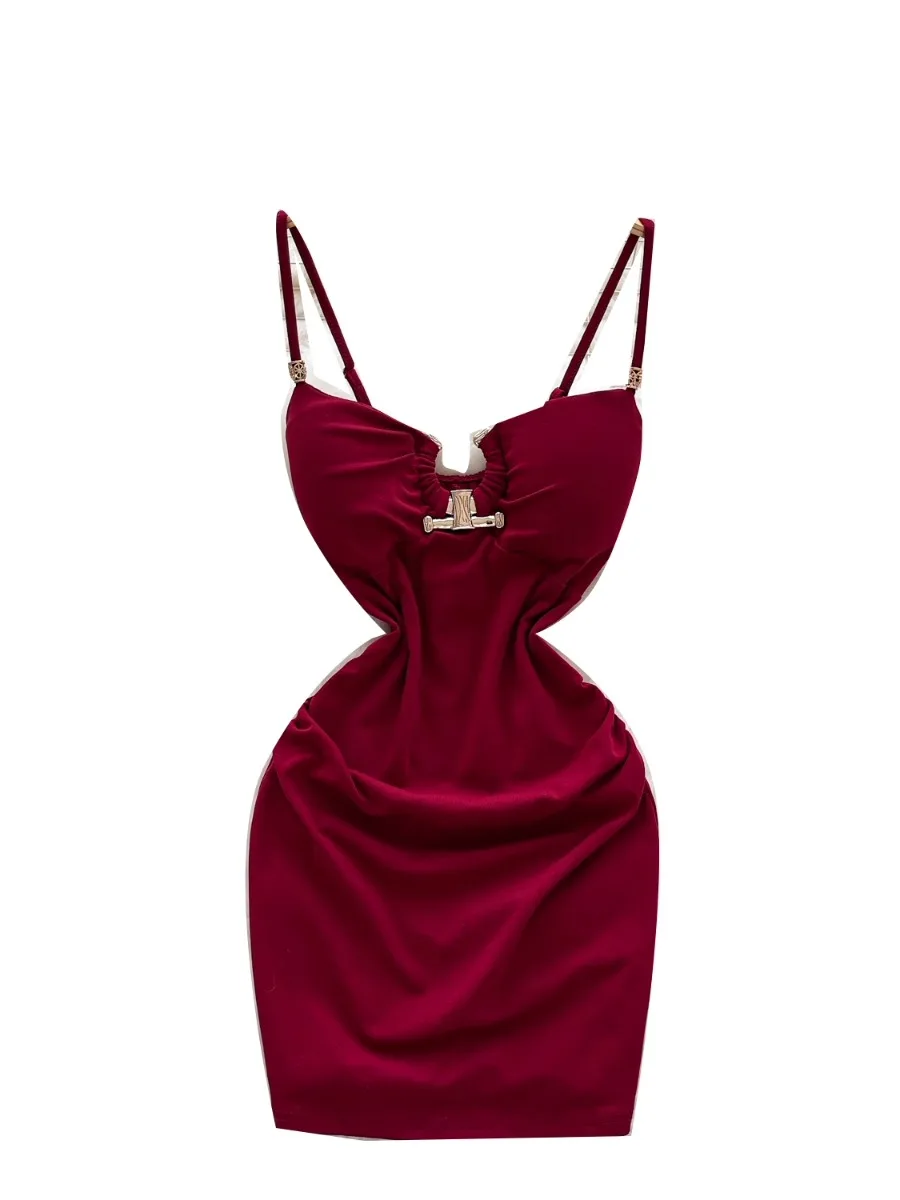 Foamlina Sexy Ausschnitt Metall Knopf Sling Kleid Frauen Cinched Taille Rückenfreie Brust Freigelegten Slim Fit Bodycon Mini Kleid Nachtclub