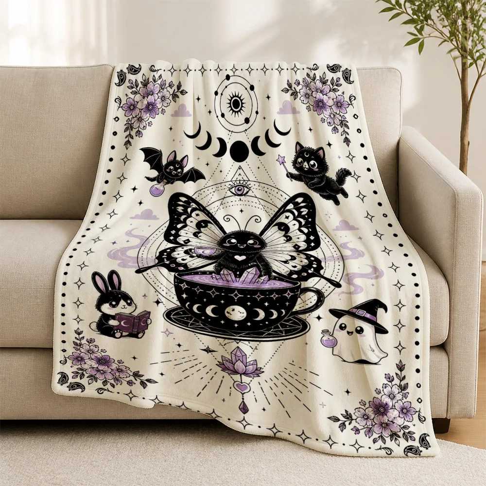 Gothic Witchy Halloween Throw Blanket Celestial Cat Butterfly Moon Stars Sofa Decor Plush Cozy Seasonal Gift