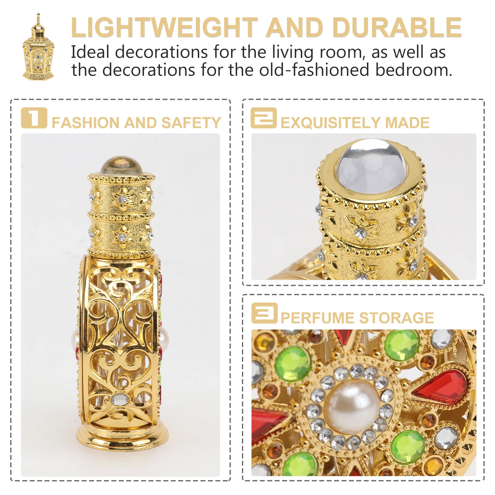 

1pc Glass Alloy Perfume Bottle Golden Refillable Essential Oil Container Travel Size Vintage Home Decor Living Room Bedroom