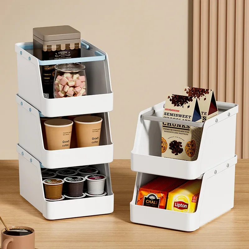 Storage Basket With Handle Plastic Stackable Kitchen Storage Rack Space Saving Snack Stationery Cosmetics Storage Container