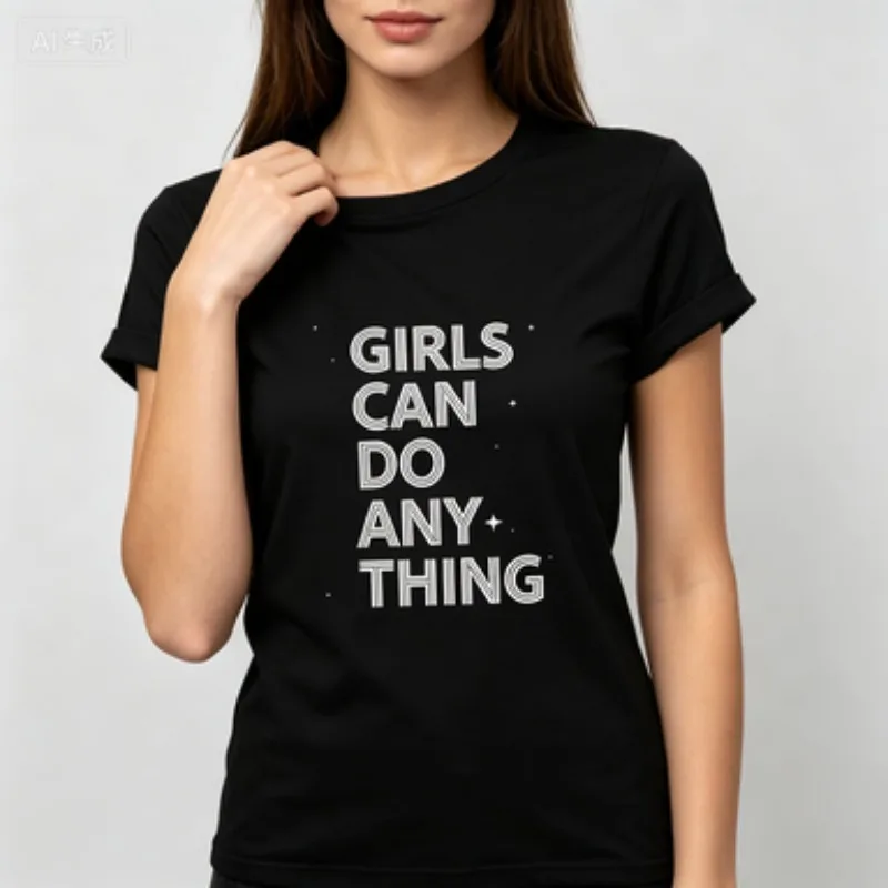 Women Crew‑neck Cotton Short‑sleeve T‑shirt Girls Can Do Anything Inspirational Text Print Casual Summer  Streetwear Daily Tops