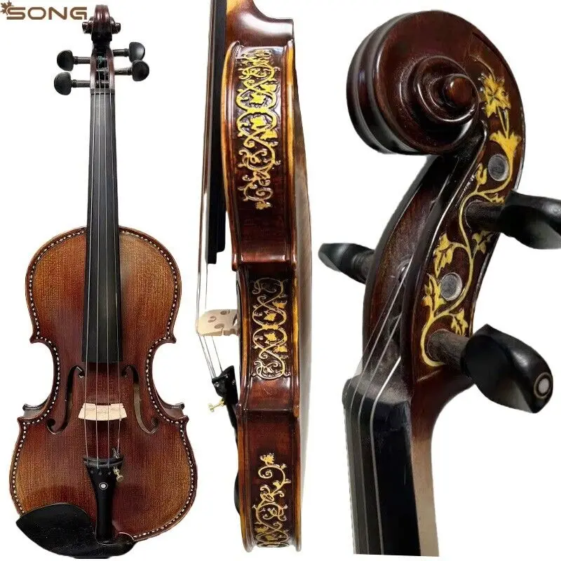 Song Maestro Pretty Violin with beautiful Engraving design on rib neck Handmade inlaid shells Spruce wood panels Ebony fittings