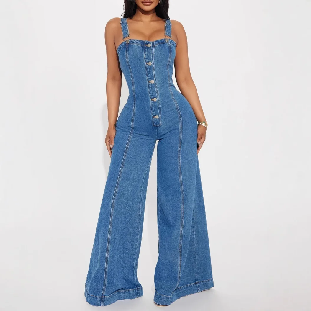 

Jumpsuits Women One Piece Slim Fit Sling Sleeveless Demin Overalls Long Pants High Waist Rompers Wide Leg Pant Y2k Streetwear