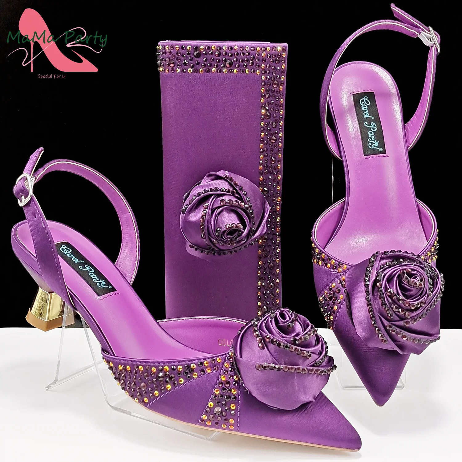 

Comfortable Heels Mature Style New Design Shoes Matching Bag Set in Purple Color 2024 Party Fashion Arrivals for Dress