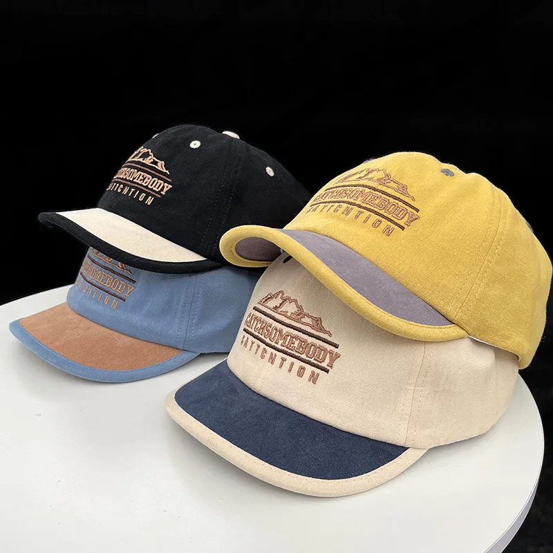 5cm Short Brim Baseball Cap for Men Casual Retro Soft Top 6 Panels Letter Snapback Caps for Women Short Billed Umpire Dad Hats