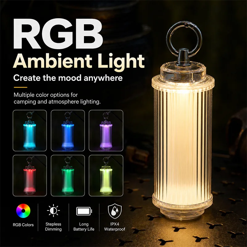 Upgraded Transparent Camping Lantern 3000 mAh Rechargeable Portable Warm Tent Light with Stepless Dimming and RGB Ambient Lamp