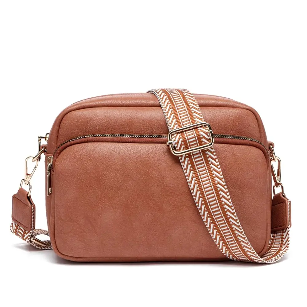 Bags for Women, Small Cross Body Purse Vegan Leather Triple Zip Shoulder Handbag with Adjustable Wide Strap