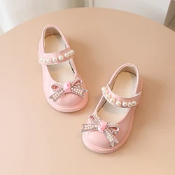 2024 New Children Fashion Princess Shoes Cute Pearl Bowknot Casual Shoes Kids Girls Retro Patent Leather Dance Performance Shoes