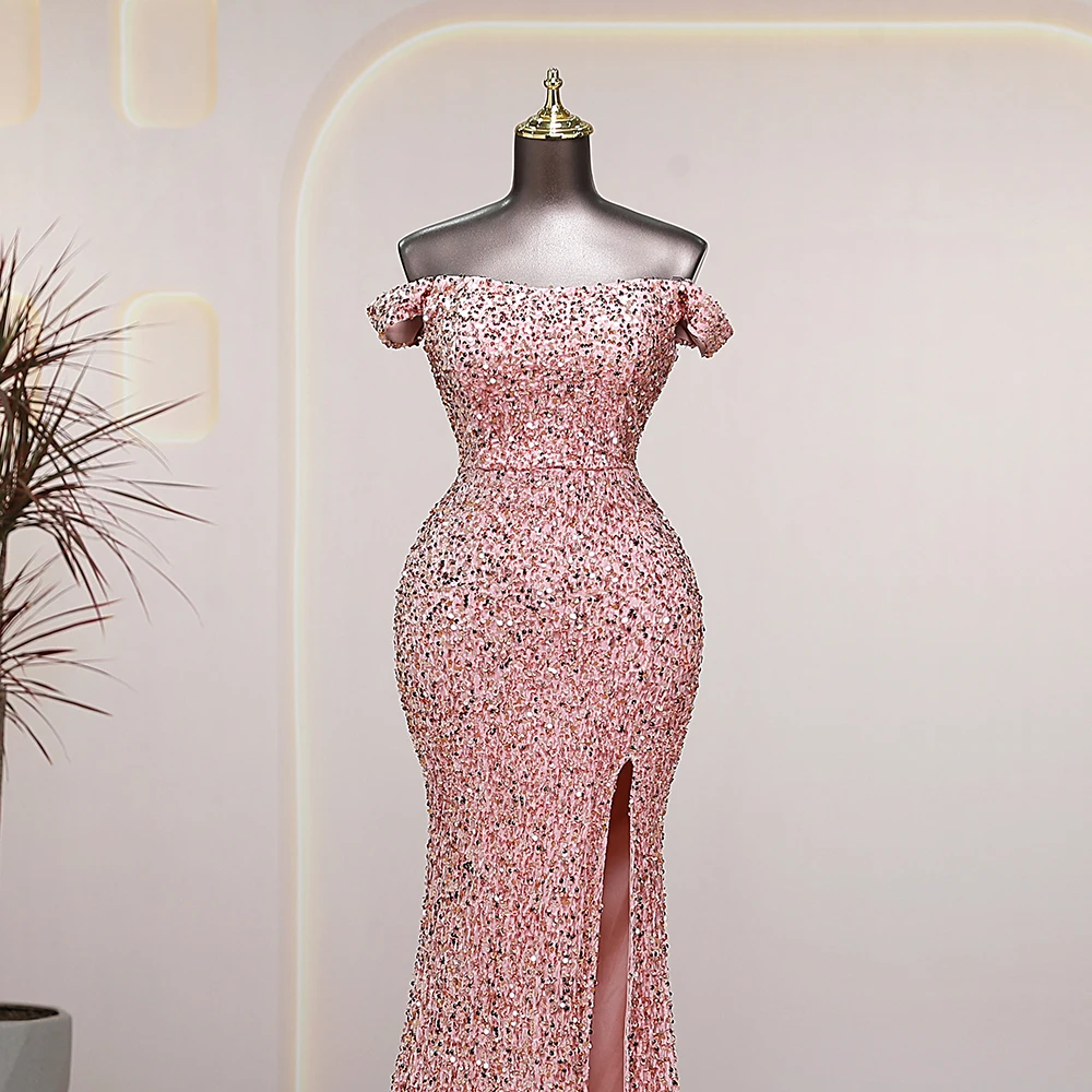 Pink Sequins Long Mermaid Evening Dress Off Shoulder Dress Women Prom Party Dresses formal occasion robes de soirée Bride dress