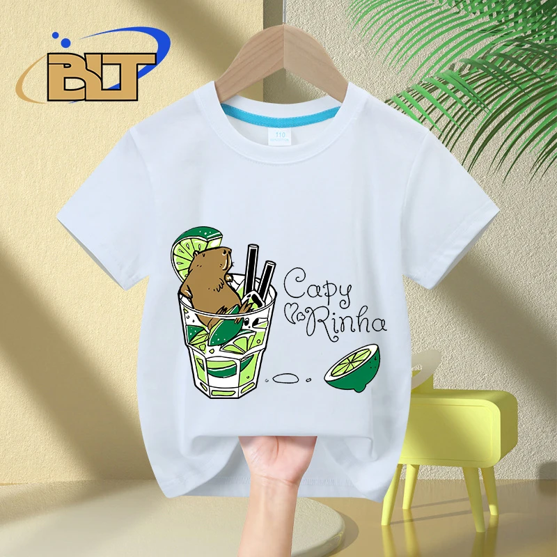 T-shirt à manches courtes en coton imprimé dessin animé pour enfants, Cabybara + Caipirinha = Capyrinha, médicaments décontractés pour garçons et filles, été