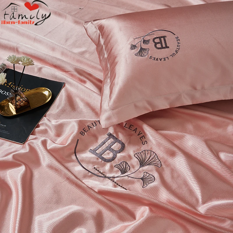 High End Satin Silky Fitted Bed Sheet Luxury Home Solid Single Double Bed Sheets Pillow Cases Elastic Band Mattress Cover Linens