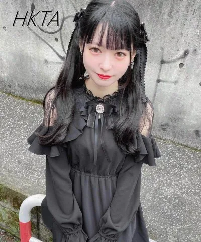 

Lolita Dress Sweet Japanese Short Dresses Rojita Lace Long Sleeve Black Cover Belly Waist Slimming A-line Midi Black Dress Girl