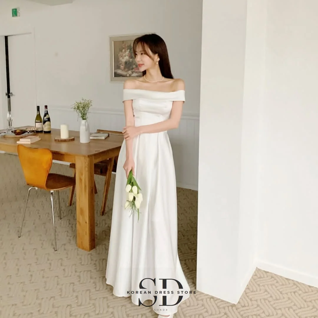 Sondr Boat Neck Korean Evening Party Dresses Customized Satin Simple Wedding Snap Dress Elegant Prom Dress Bridal Reception Gown
