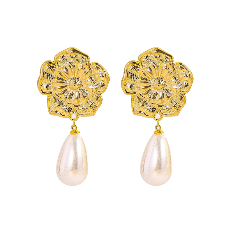 

SENYU Gold Plating Large Flower Drop Earrings Fashion Big Water Drop Imitation Pearl Jewelry Gifts Women Party Dangle Earrings