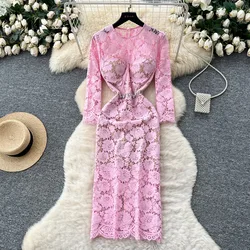 Summer Autumn Pink Lace Flower Sleeve Embroidery Midi Dress For Women Hollow Out Sexy Evening Dresses Sheath Vestidos De Fiesta