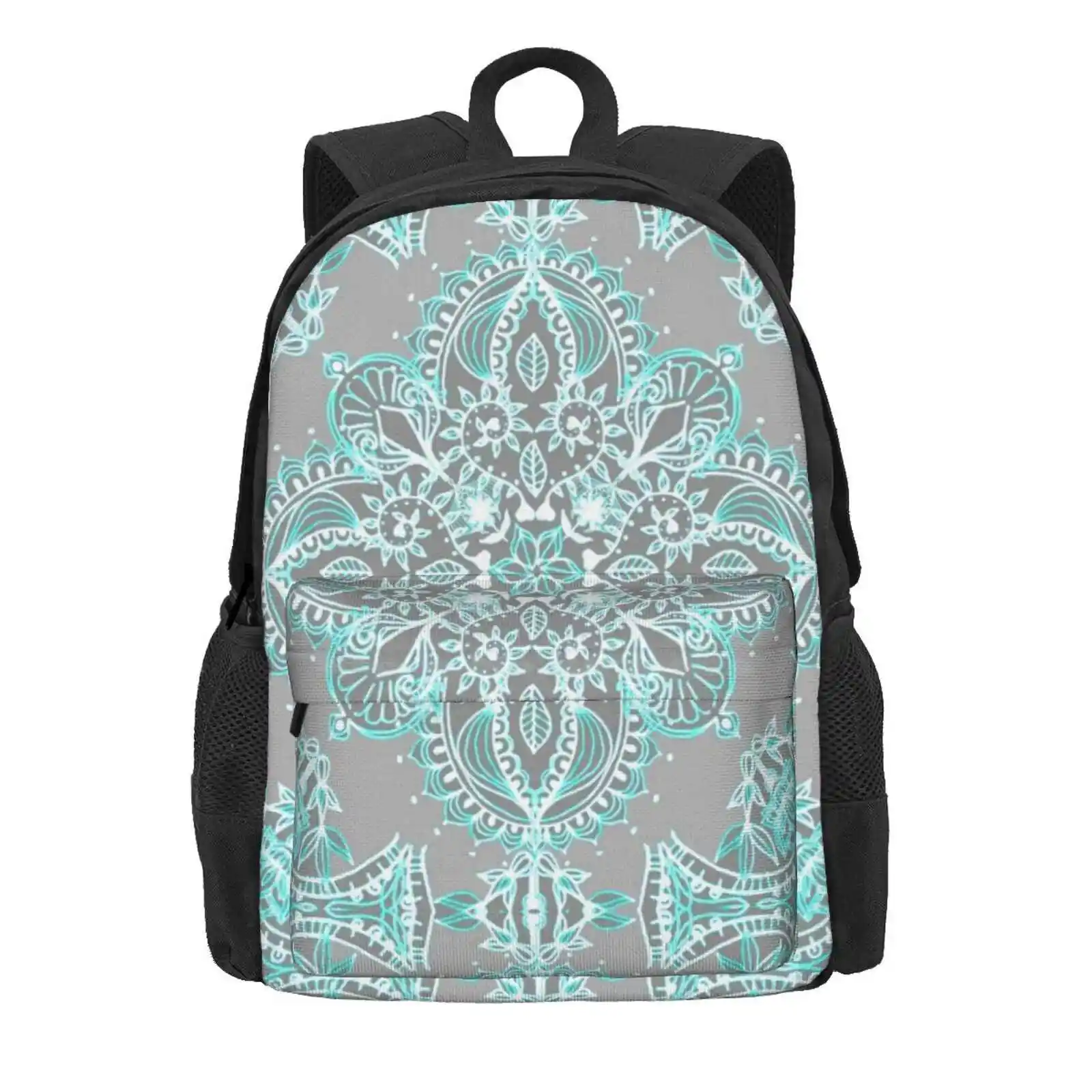 Teal And Aqua Lace Mandala On Grey Hot Sale Schoolbag Backpack Fashion Bags Aqua Teal Grey Lace Doodle Zentangle Boho Mandala