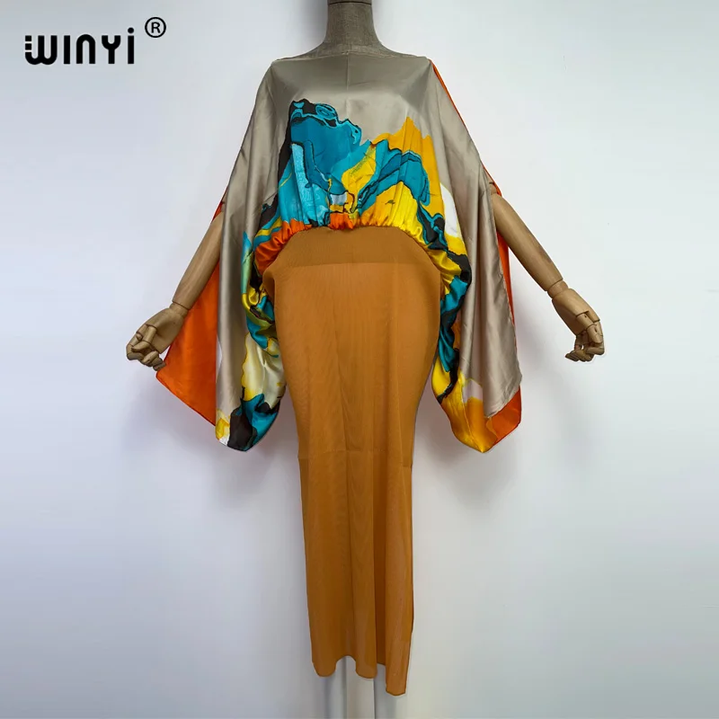 WINYI 2022 Europe Print color blocking caftan For Women Pleated Dress Design Loose Dress Maxi Long Femme Party Elegant Dress