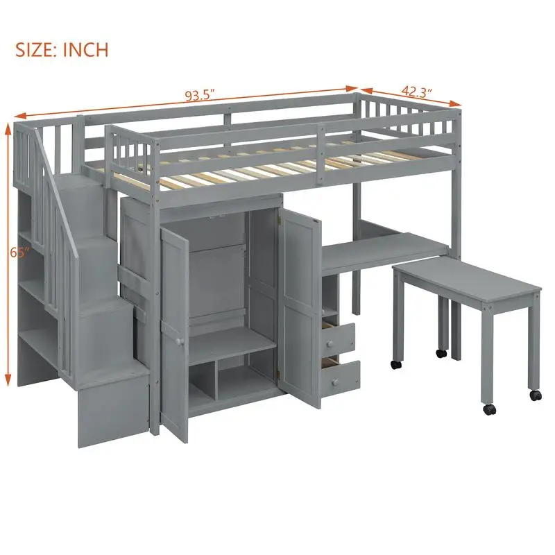 

Twin Loft Bed with Staircase, Bookshelf, Drawers, Desk & Wardrobe - Space-Saving Multi-Function Furniture for Kids & Teens -