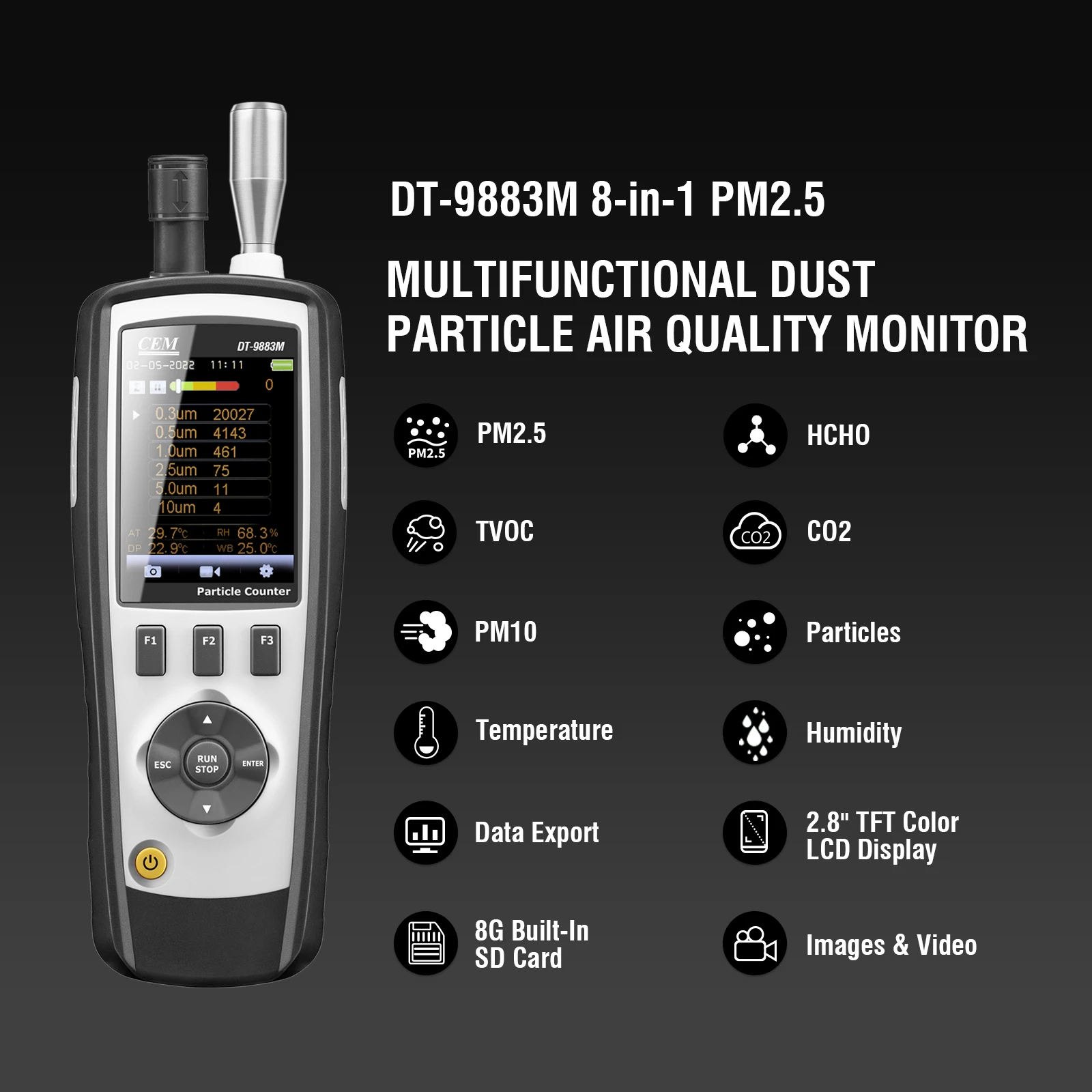 CEM DT-9883M Multifunction Particle Counter PM2.5/10 HCHO CO2 TVOC Air particle (0.3,0.5,1.0,2.5,5.0,10μm)Air quality Tester