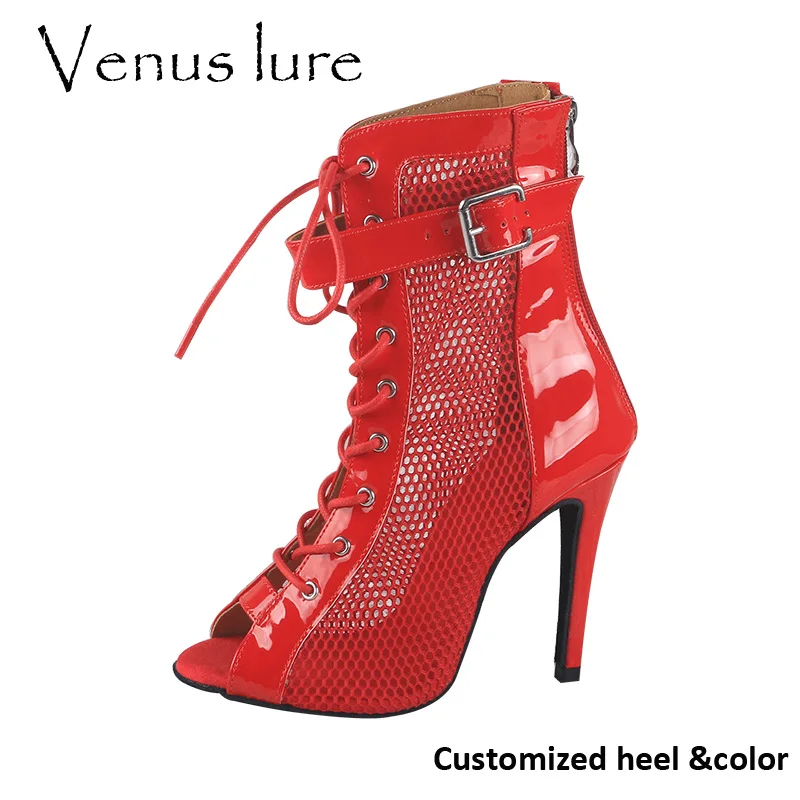 

Venus lure Women's Leatherette Customized Heel Dance Boots Jazz Salsa Dancing Shoes Boot Red 11CM