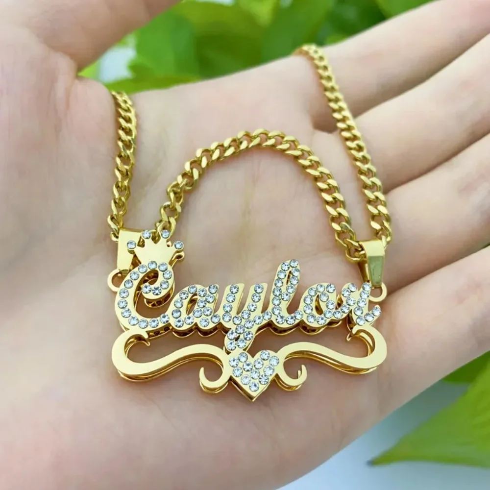 

LeeChee Double Layer Heart Rhinestone With Crown Custom Name Stainless Steel Necklace Anniversary Gift