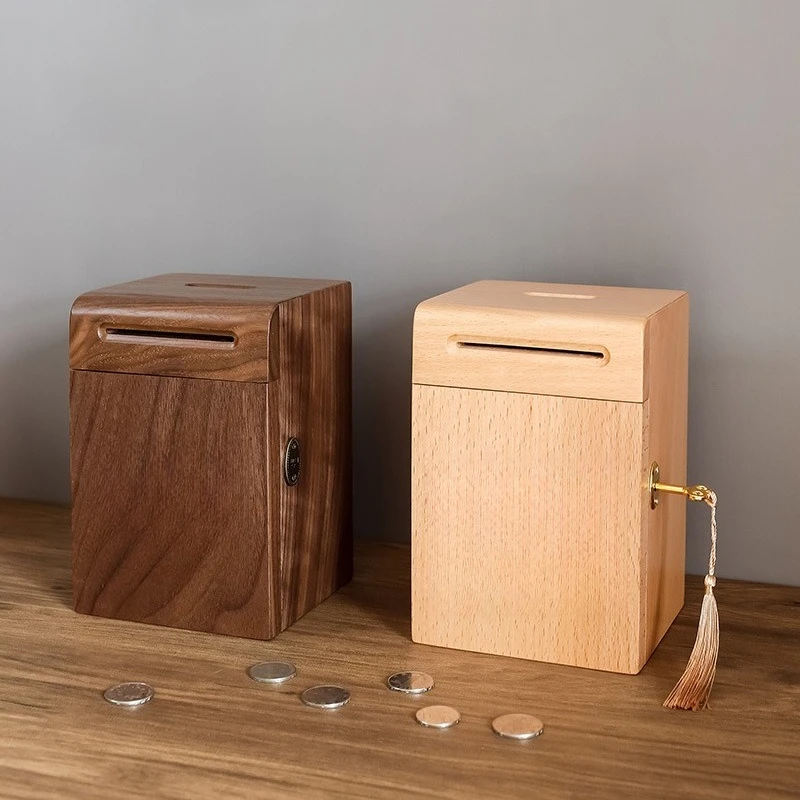Adult and Children's Solid Wood Cash Boxes, Walnut Handmade Lockable Savings Boxes, Wooden Safety Coin Cans, Home Decor