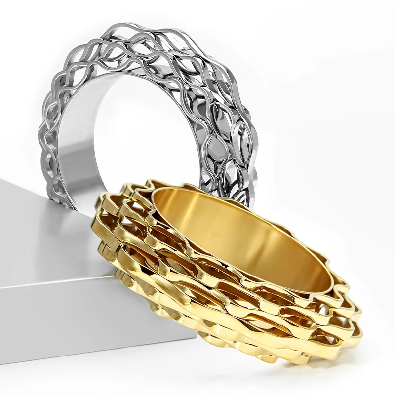 IVOG Gold Color Hollow Wave Stainless Steel Bangle Wide Statement Bracelet for Women Trendy Jewelry Daily Party Wear Gift