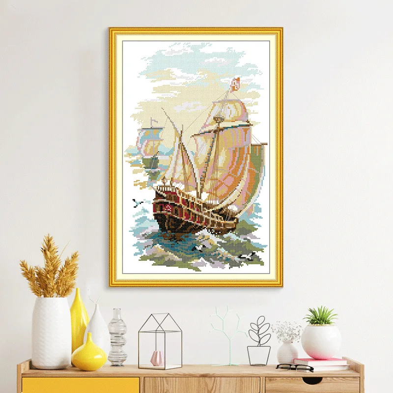 Joy Sunday Pre-printed Cross Stitch Kit  Easy Pattern Aida  Stamped Fabric Embroidery Set-Sail Away