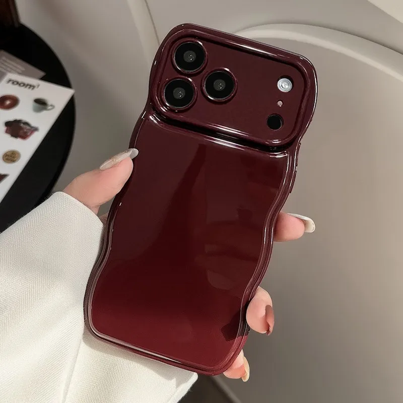 Retro Wine Red Wavy Phone Case For iPhone 17 Air 16 15 14 13 12 11 Pro Max Plus Woman Girl Soft Shockproof Bumper Back Cover - náhled 2