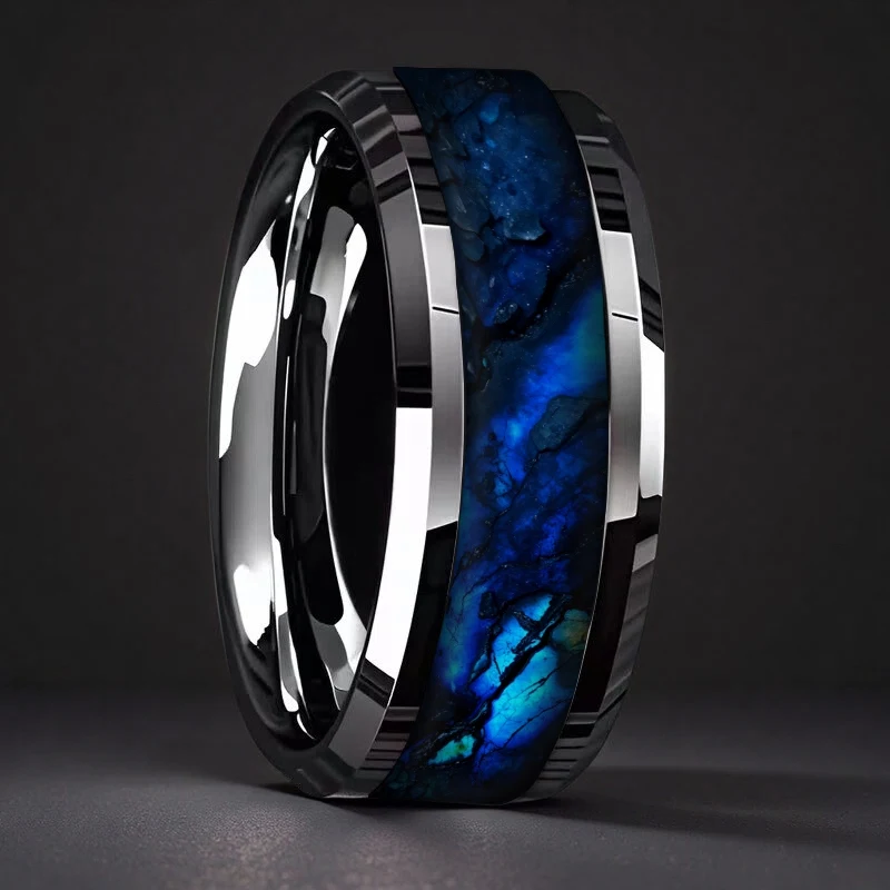 SUNFLOWER 2026 Modischer Blauer Sternenhimmel Herren Edelstahlringe Einzigartiger Nicht-Verblassender Ehering Polierter Doppelseitiger Ring – Detail 5