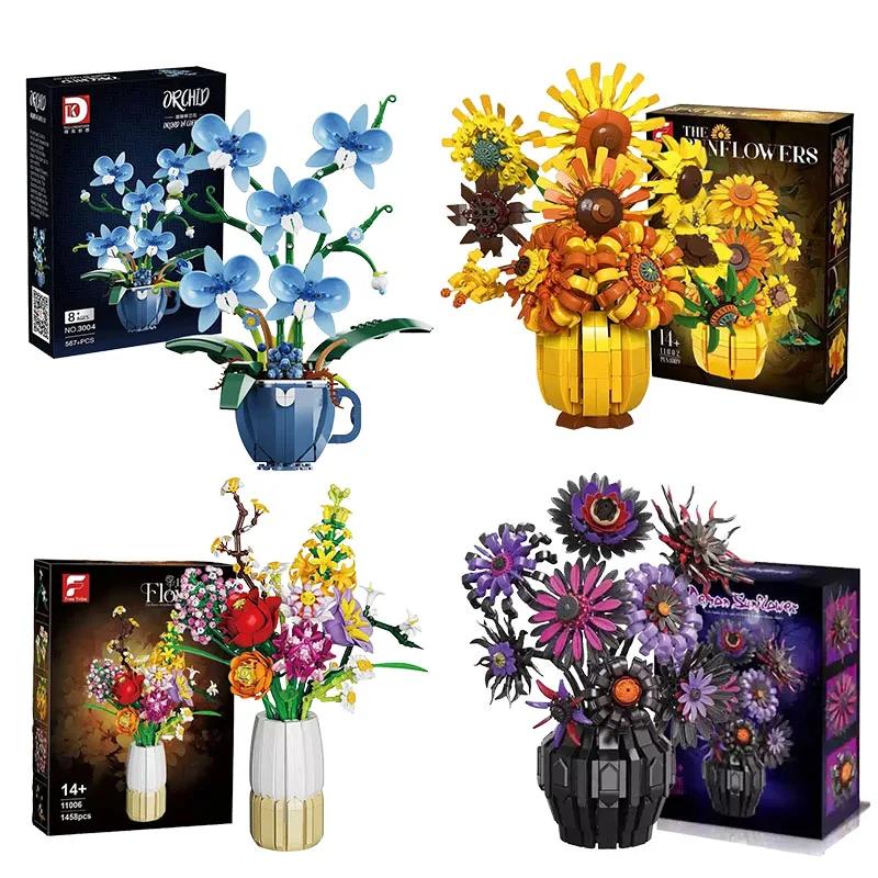 

Tulip Rose Potted Flowers Bouquet Flower Blocks With Vase MOC Building Blocks Bonsai Plant Model Bricks Home Decor Toy Kid Gift